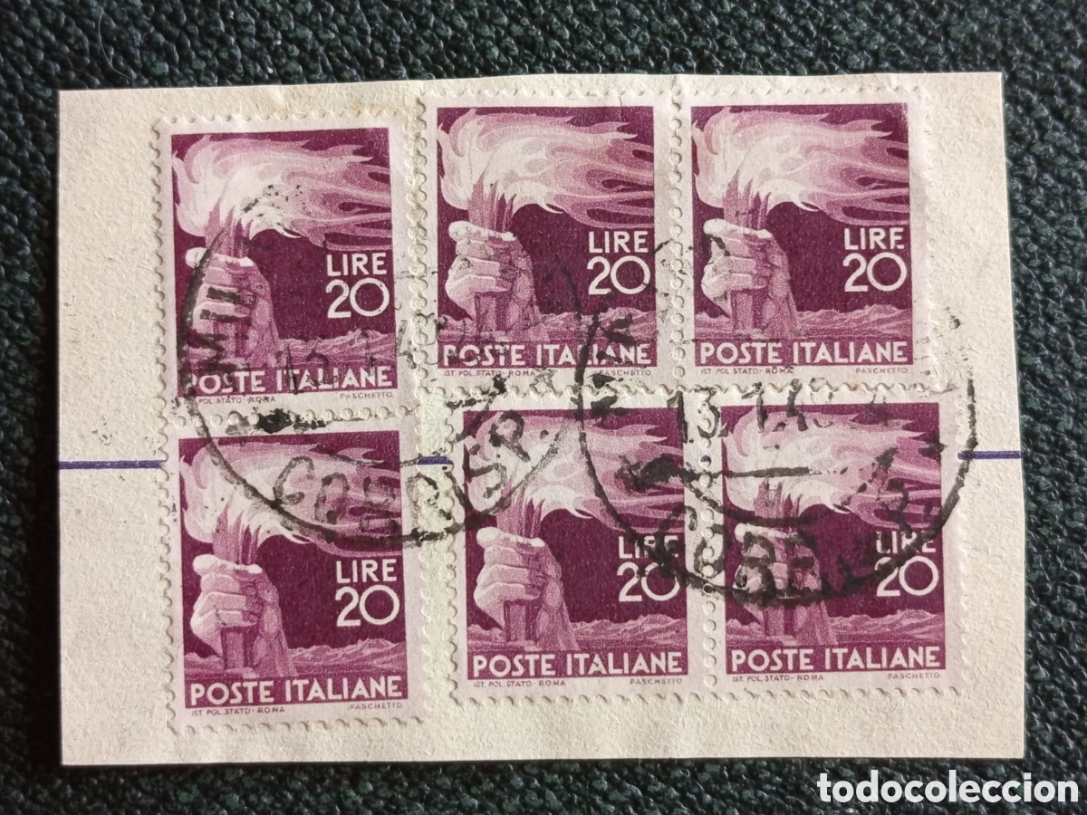 Sellos: Fragmento Italia Turrita Antorcha 20L Purpura Bloque 6 Scott#695 Sassone#721