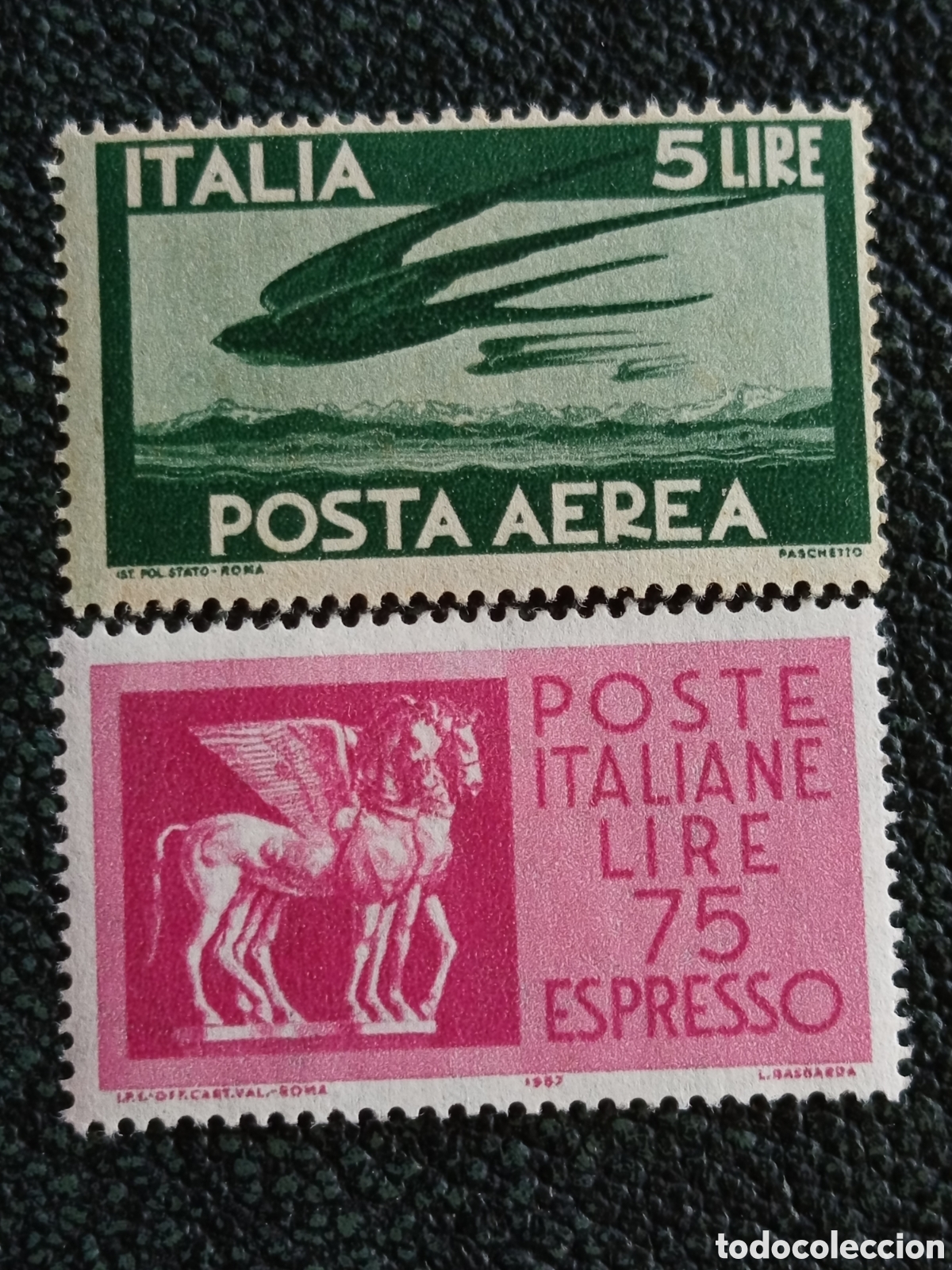 Sellos: Pareja Italia Correo A&eacute;reo 5L Golondrina y Urgente 75L P&eacute;gaso 1947-57 MH