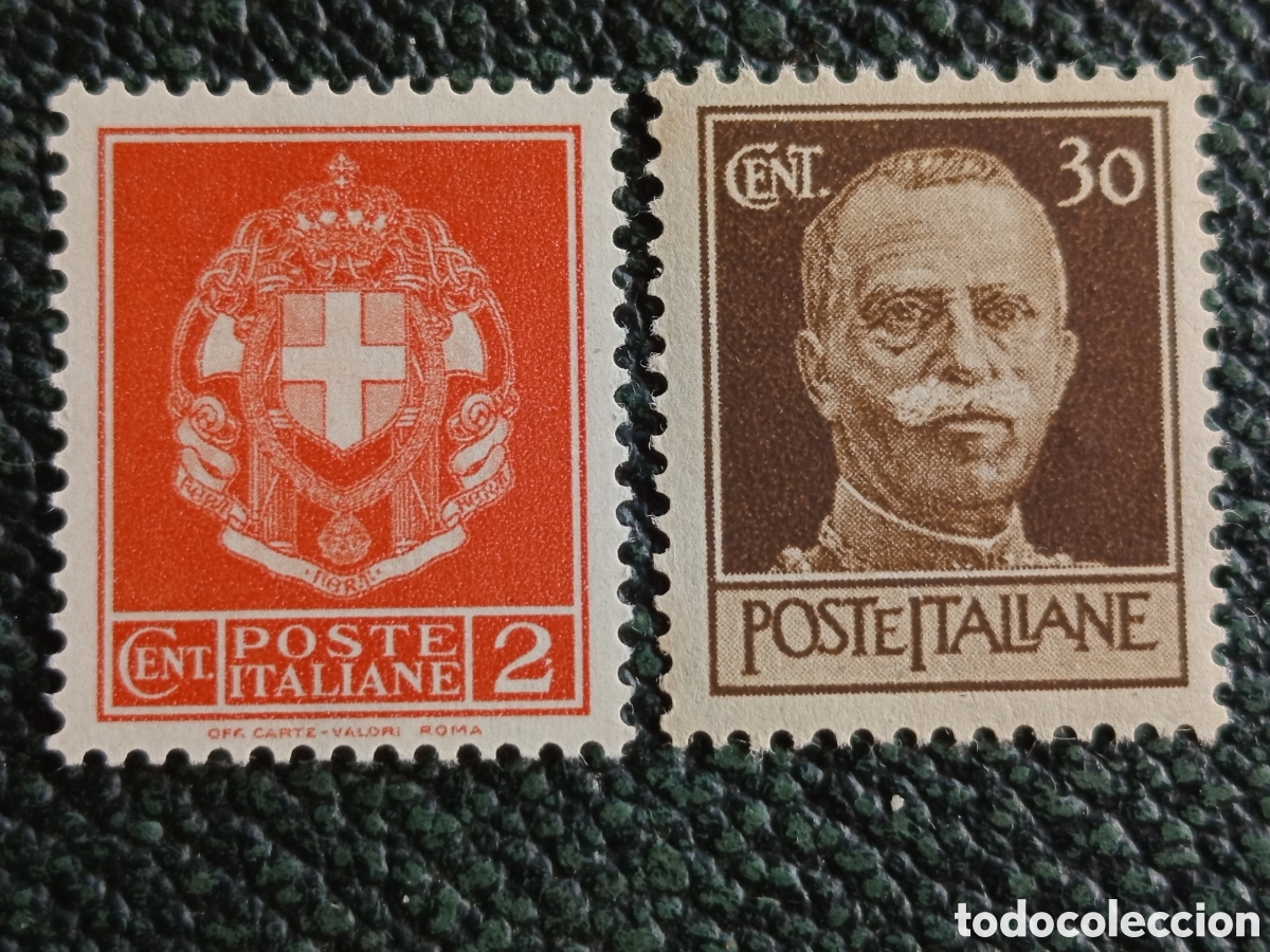 Sellos: Pareja Italia Reino 1929 Escudo Saboya 2c Rojo y V. Manuel III 30c Marr&oacute;n MH