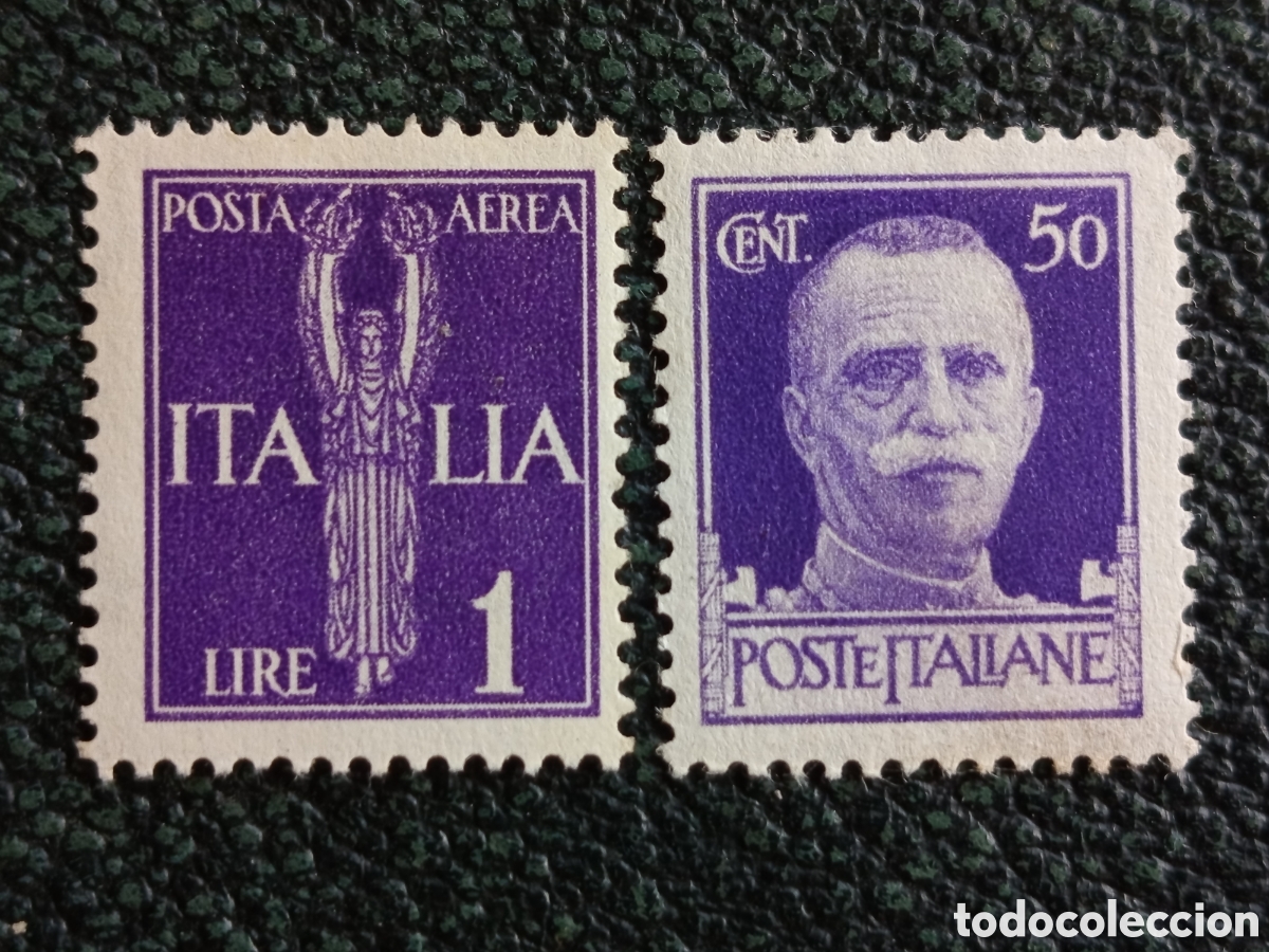 Sellos: Pareja Italia Reino Correo A&eacute;reo 1L Victoria y V. Manuel III 50c Violeta