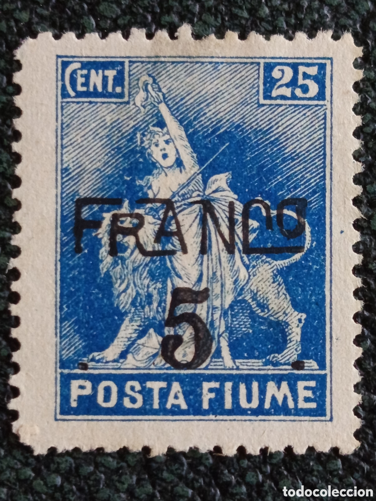 Sellos: Sello Fiume 1919 Sobrecarga FRANCO 5 en 25c Azul Italia Sassone 28 MH