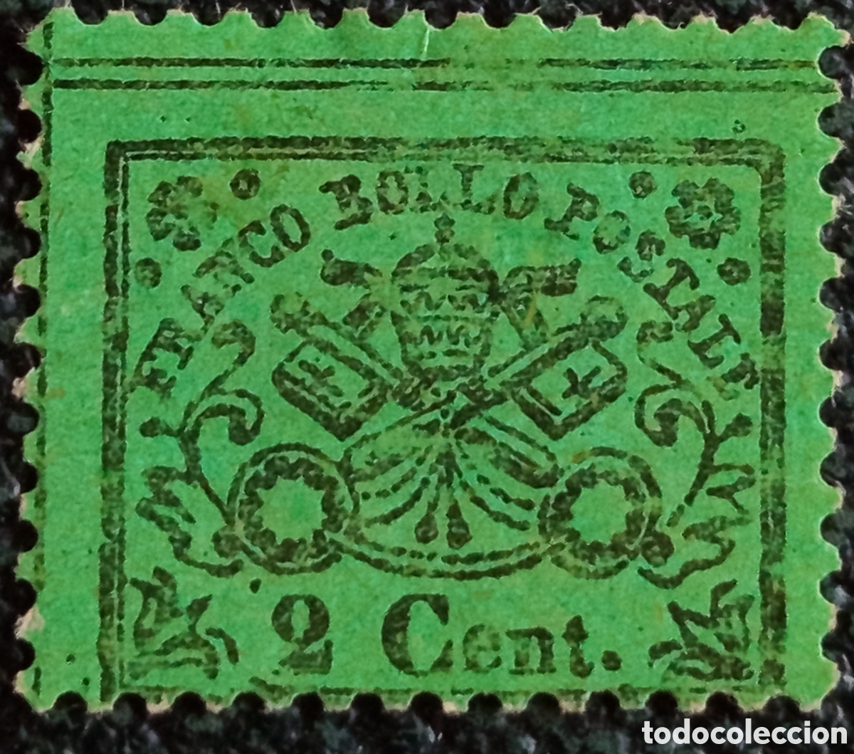 Sellos: Sello Estados Pontificios 1868 Tiara y Llaves 2 Cent Verde Sassone 12 MH