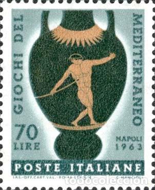 Sellos: Italia 1963 Scott 883 Sello ** Deportes Sport Juegos del Mediterraneo Vaso Dibujo Lanzador Jabalina