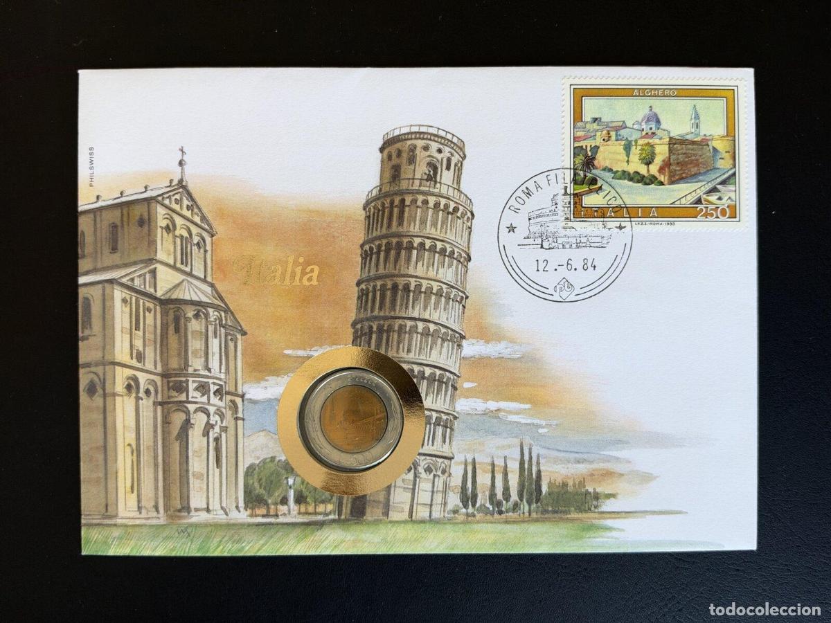 Sellos: Sobre numism&aacute;tico Philswiss Italia Alghero 250 liras 1984