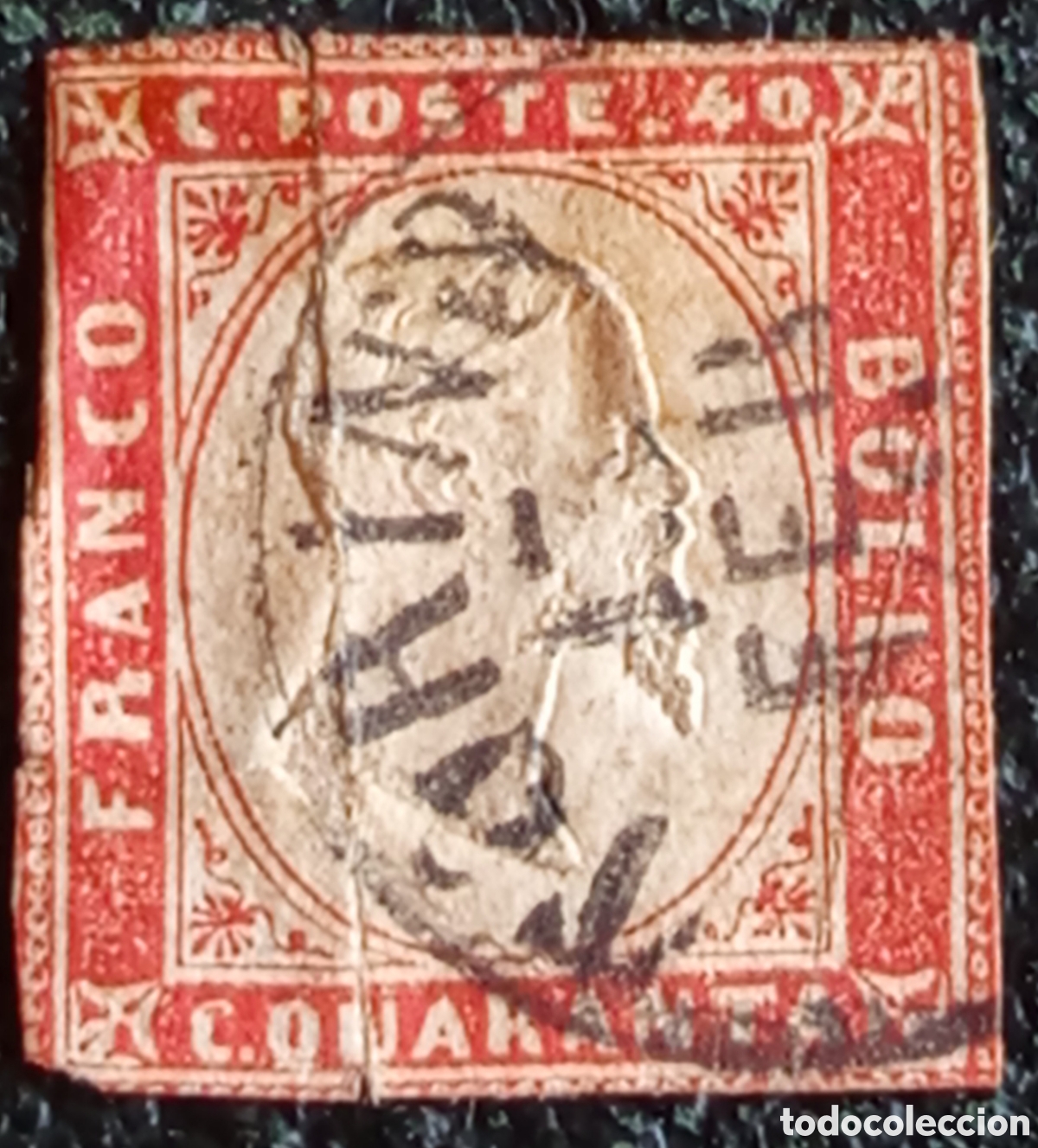 Sellos: Cerda&ntilde;a / Italia 1855 V&iacute;ctor Manuel II 40c Rojo Usado Sassone 16 Scott 13
