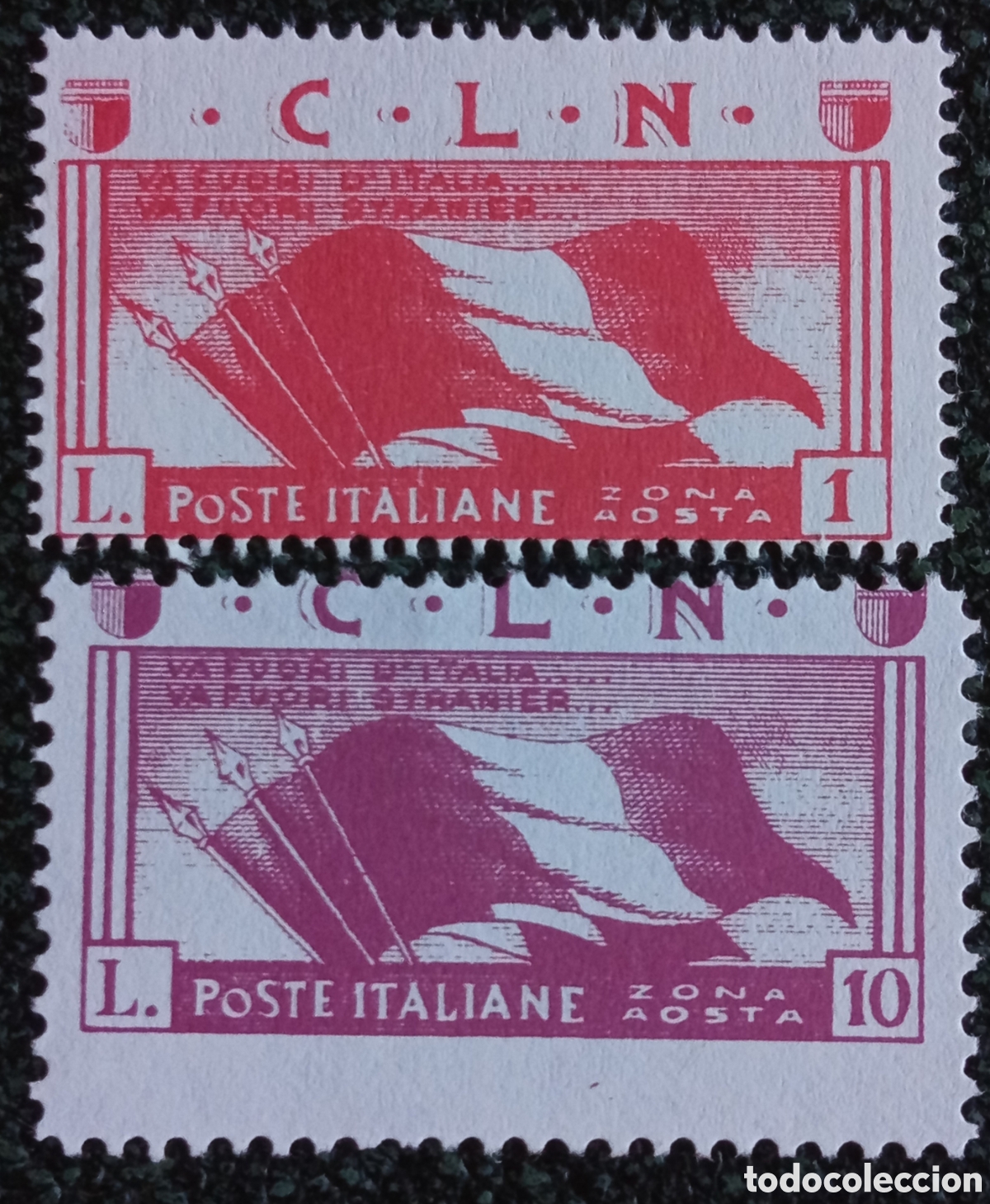 Sellos: Italia CLN Aosta 1944 Banderas L. 1 y L. 10 Nuevos Dentados Sassone Mint