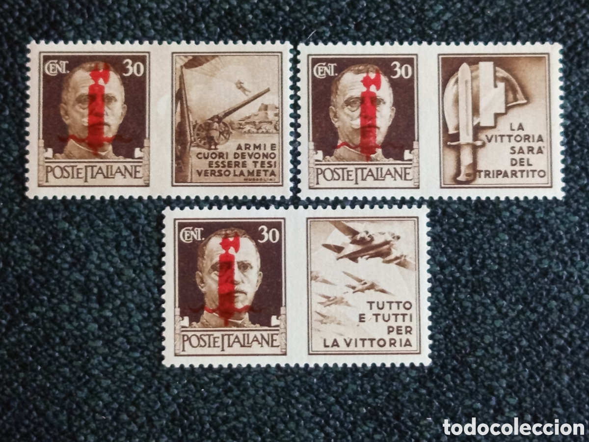 Sellos: Italia RSI 1944 - 30c Propaganda de Guerra Sobrecarga Fascio Rojo Sassone N. 22/I, 22/II, 22/I MNH