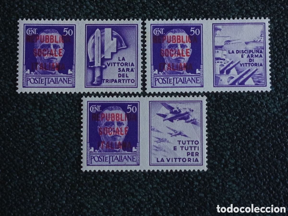 Sellos: Italia RSI 1944 - 30c Propaganda de Guerra Sobrecarga Roja Sassone N. 27/I, 27/II, 27/III MNH