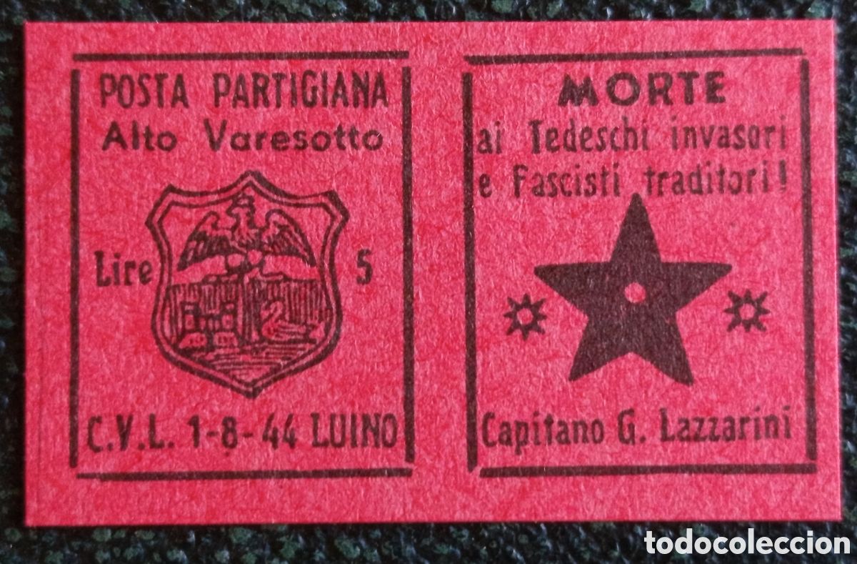 Sellos: Italia CLN 1944 Posta Partigiana Luino 5L Alto Varesotto Sassone N. 3 control hoja de Roble