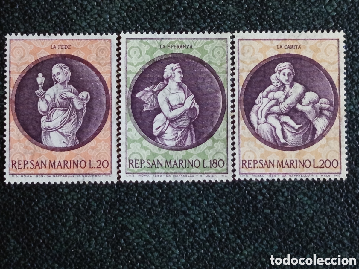 Sellos: San Marino 1969 Serie Virtudes Teol&oacute;gicas Rafael MNH Sassone 791/793