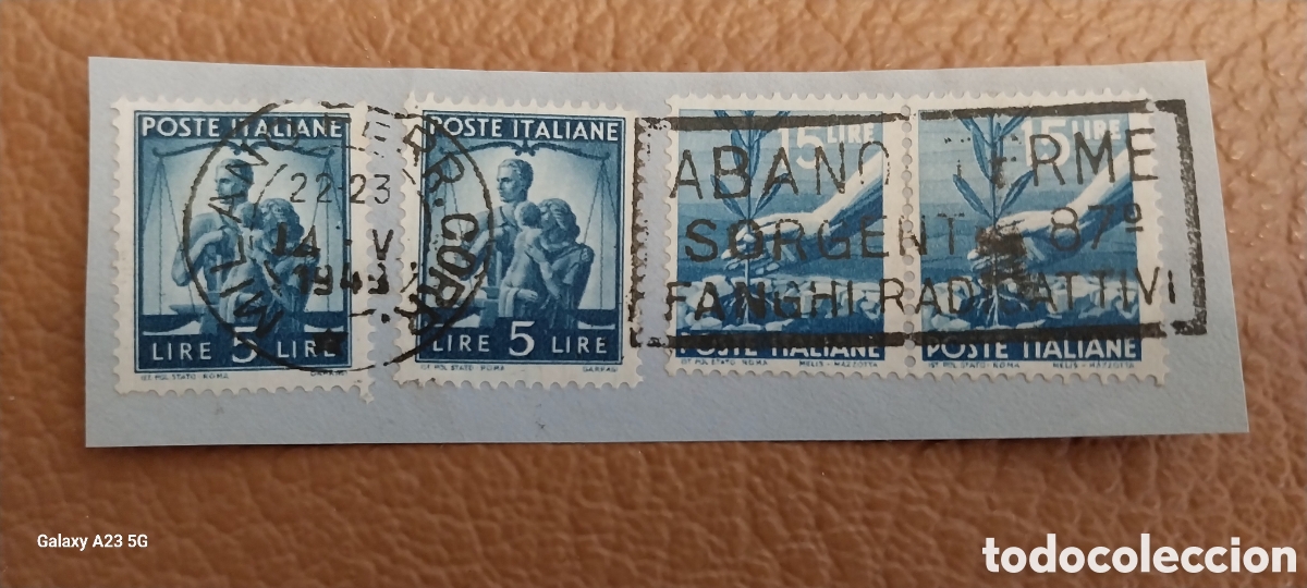 Stamps: Fragmento Italia 1945 5 Liras Serie Democratica - Cat. Sassone 543 / Yvert 493