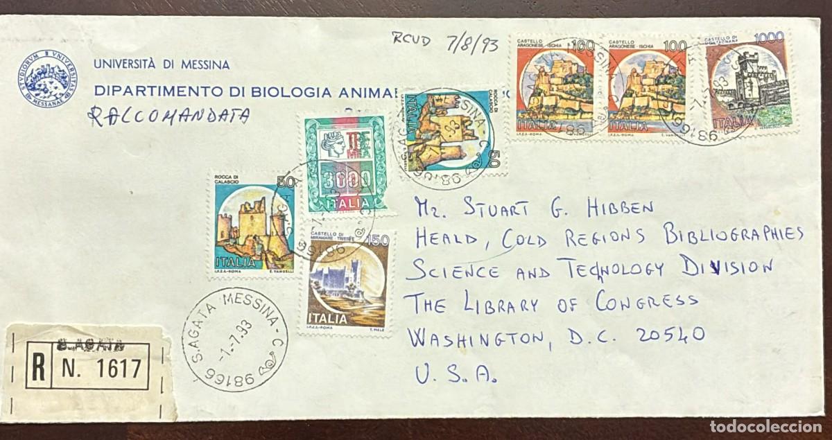 Stamps: MI) 1993 ITALY, REGISTERED, COVER SENT FROM MESSINA TO WASHINGTON,CASTLES OF ITALY STAMPS,VF.
