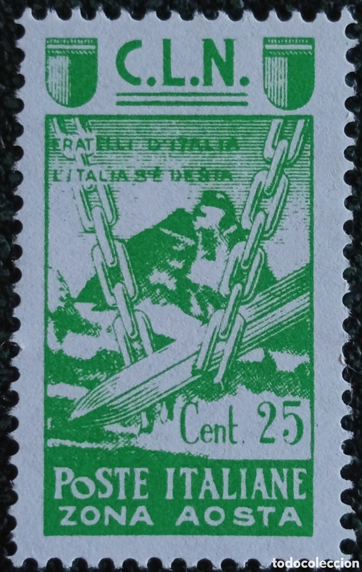 Sellos: Sello Italia 1944 CLN Zona Aosta Cent 25 Verde Fratelli d'Italia - Michel 3 MH