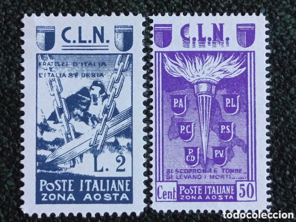 Sellos: &bull; Lote 2 Sellos Italia 1944 CLN Zona Aosta L. 2 Azul y 50c Violeta MH - Michel 4-5