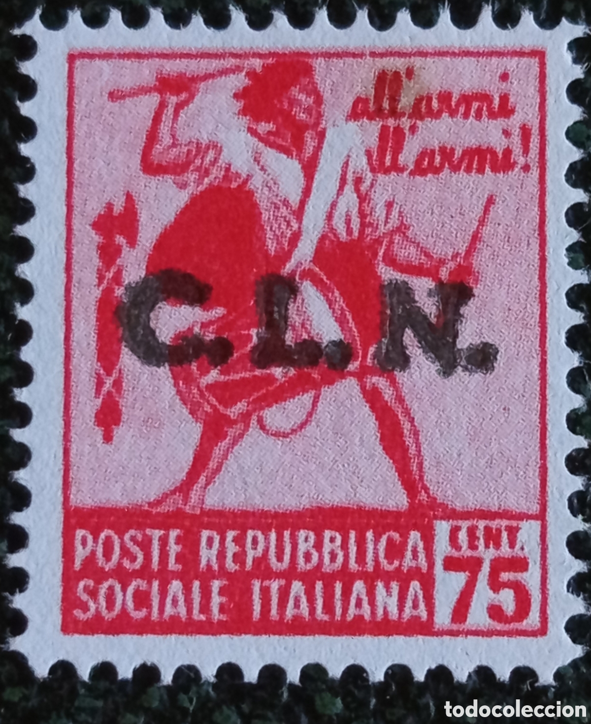 Sellos: Sello Italia 1945 CLN Sobrecarga RSI Cent 75 Carmin Guerrero Resistencia MH