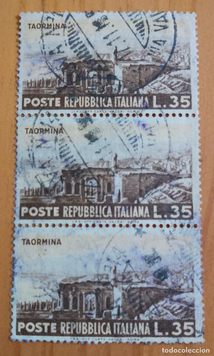 Sellos: ITALIA - TIRA 3 SELLOS L.35 TAORMINA, CIUDAD DE SICILIA- A&Ntilde;O 1953, YV 669 - VER DESCRIPCI&Oacute;N