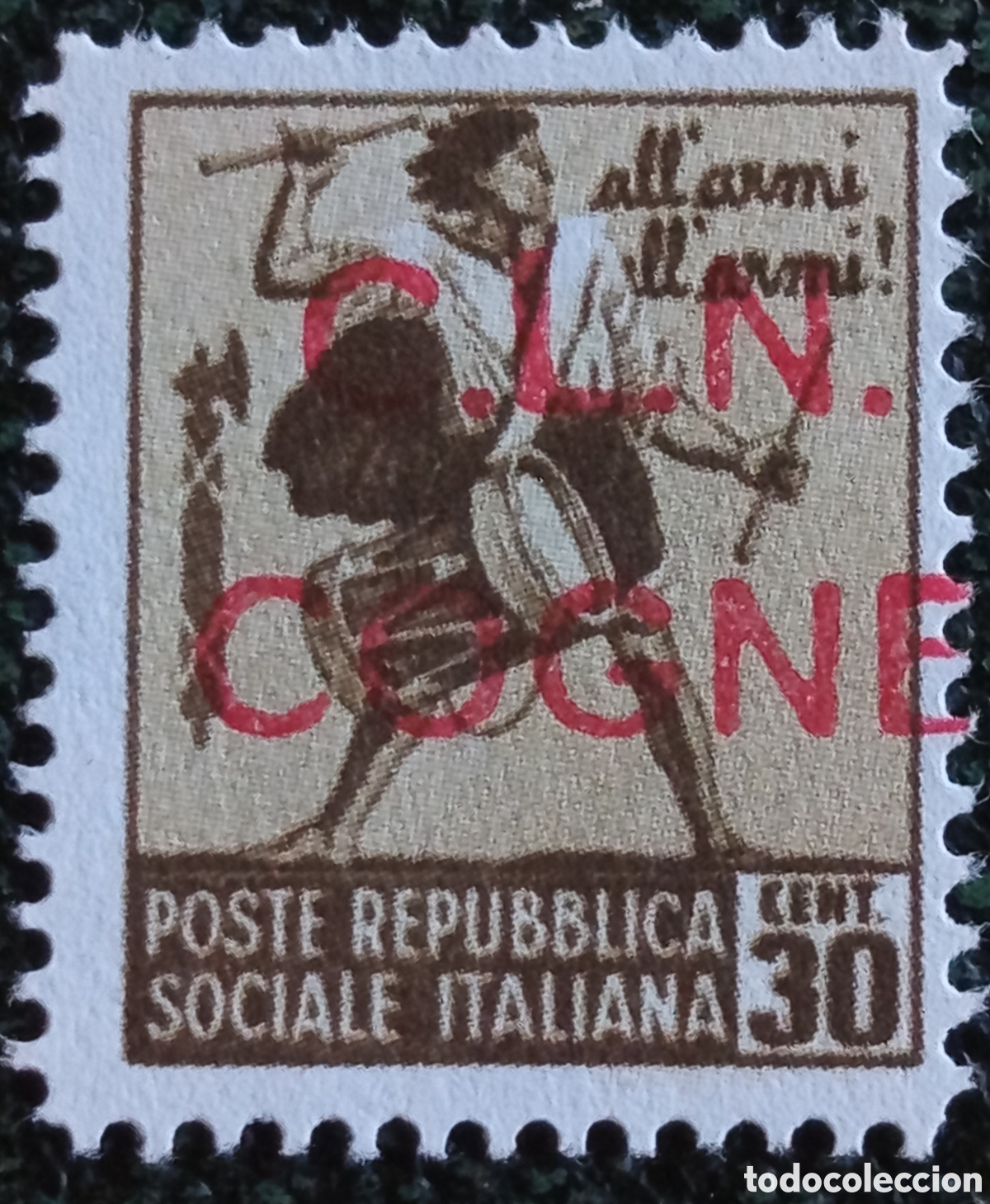 Sellos: Sello Italia RSI 1945 Cogne Tamburino 30c Sobrecarga CLN Roja Monumentos MH