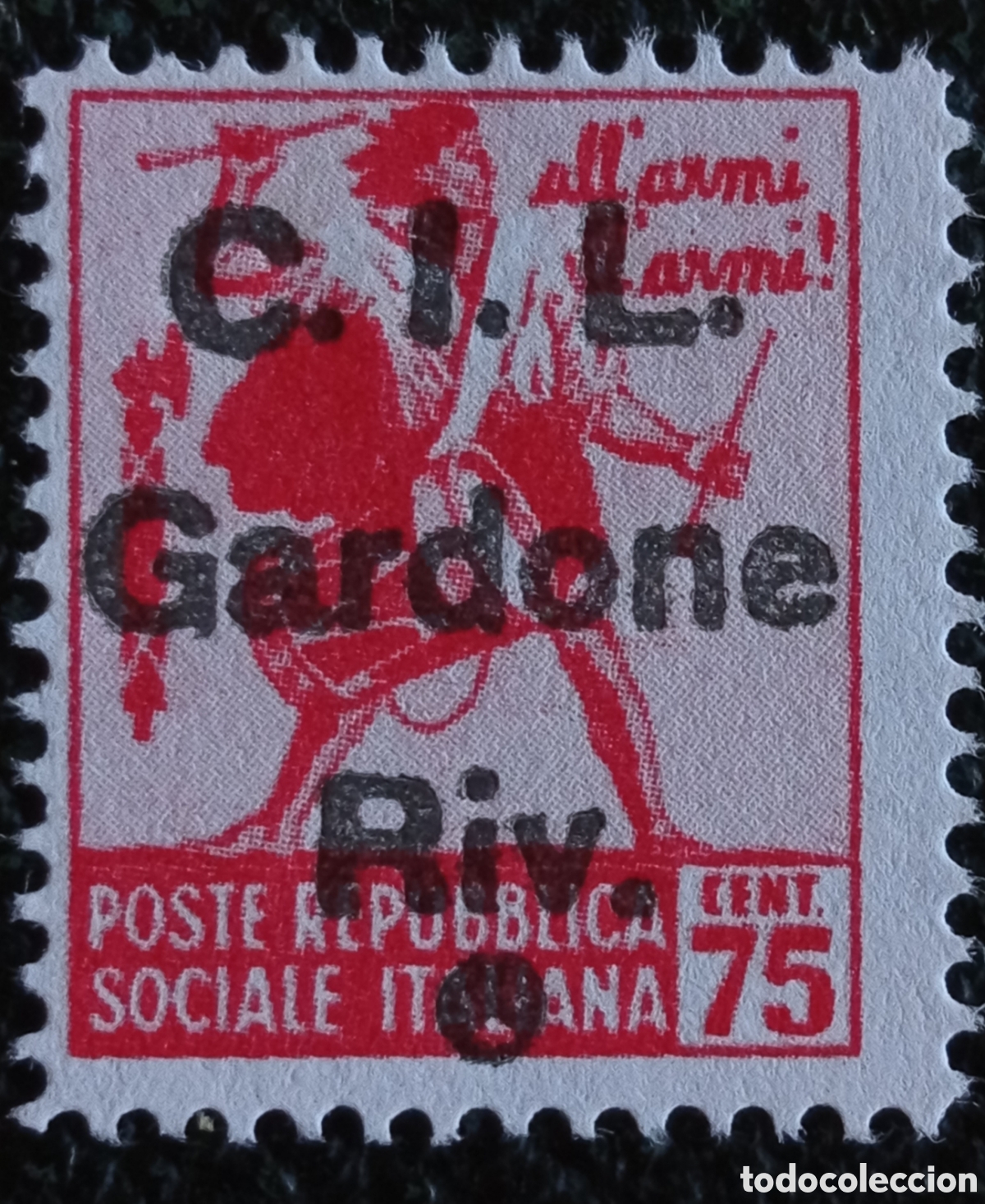Sellos: Sello Italia Gardone Riv 1945 CLN Tamburino 75c Sobrecarga Negra Monumentos MNH