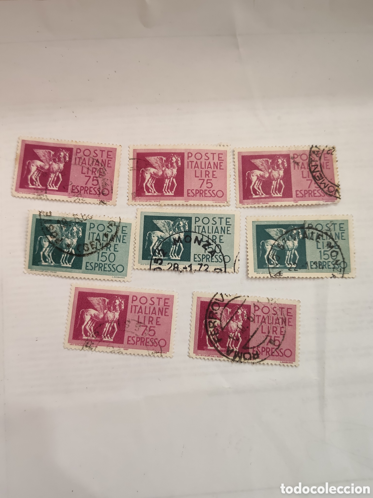 Sellos: 8 sellos de Italia arte etrusco caballos alados 1968