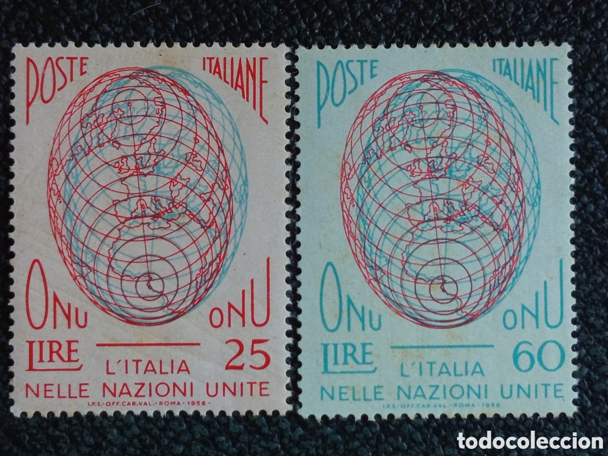 Sellos: Serie Completa Italia 1956 Admision ONU 25L y 60L MNH - Cat&aacute;logo Michel 981/982