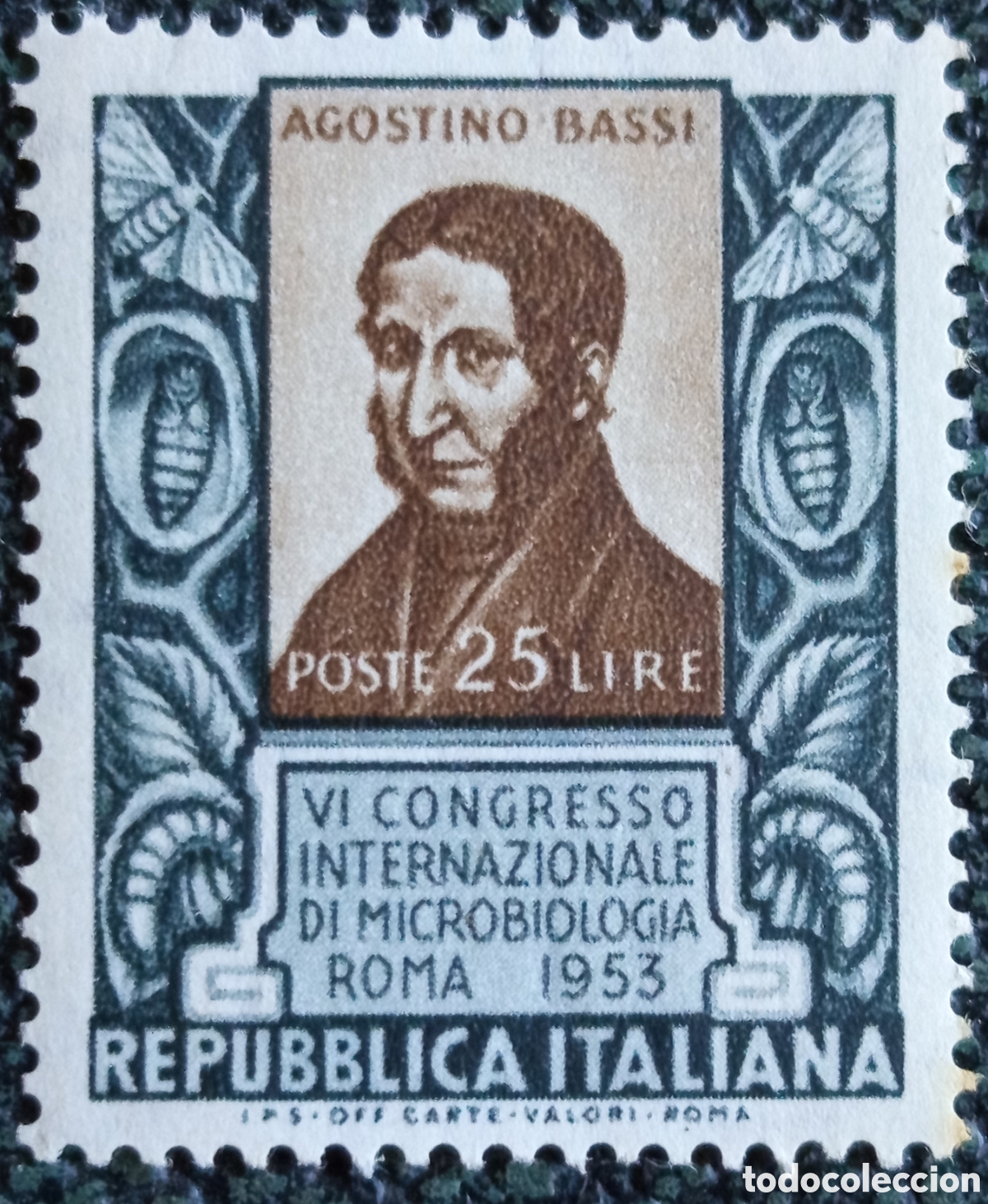 Sellos: Sello Italia 1953 Congreso Microbiologia Agostino Bassi 25L - Sassone #726 MNH