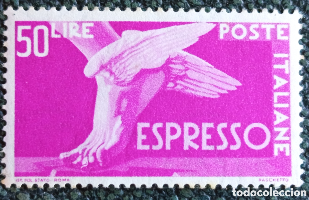 Sellos: Sello Italia 1954 Espresso Pie Alado 50 Liras Rueda Alada - Cat. Sassone E28