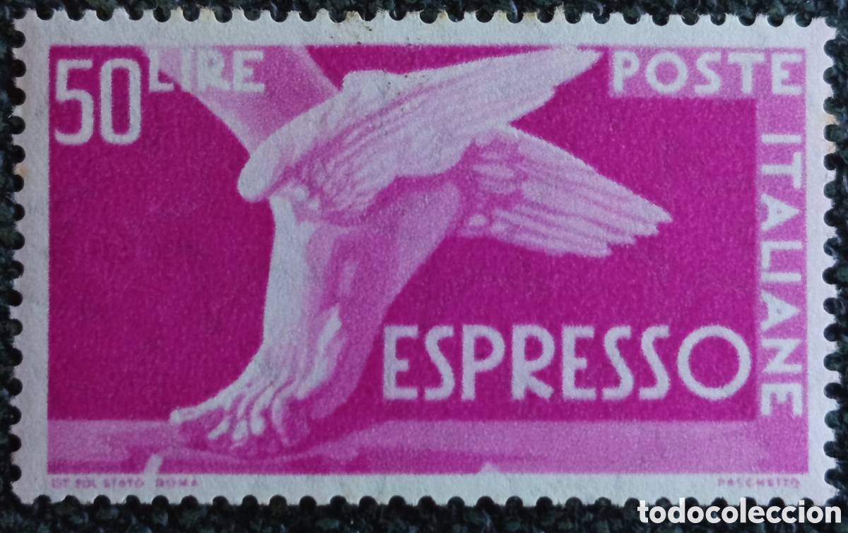 Sellos: Sello Italia 1955 Espresso Pie Alado 50 Liras Estrellas - Cat. Sassone E33