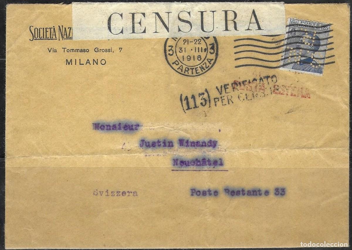 Sellos: Sobre de Mil&aacute;n para Suiza (1916) - Censura postal militar italiana (Gran Guerra) - Sello perforado