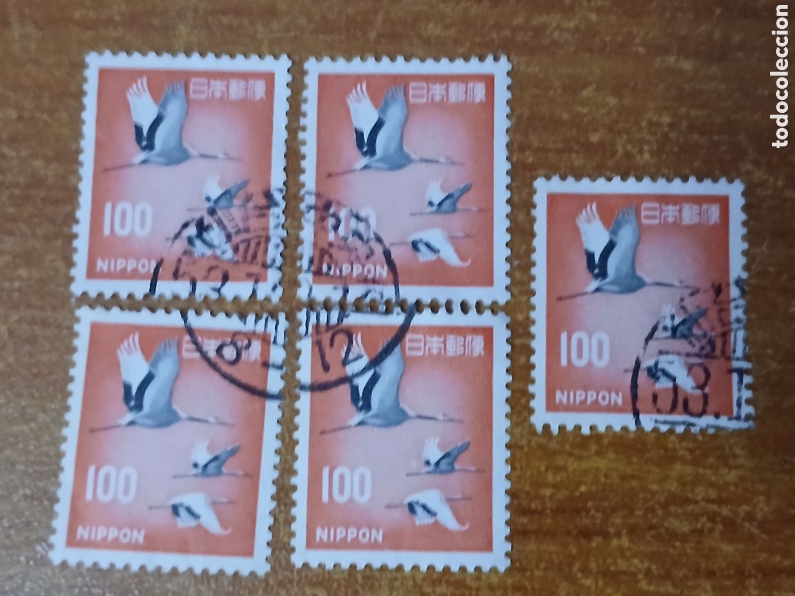 Sellos: 5 Sellos Jap&oacute;n Grulla 1.968 -100 Yenes-
