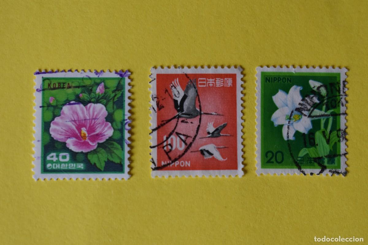Stamps: Lote 3 sellos Jap&oacute;n y Corea. Flores y Fauna. Asia. Usados