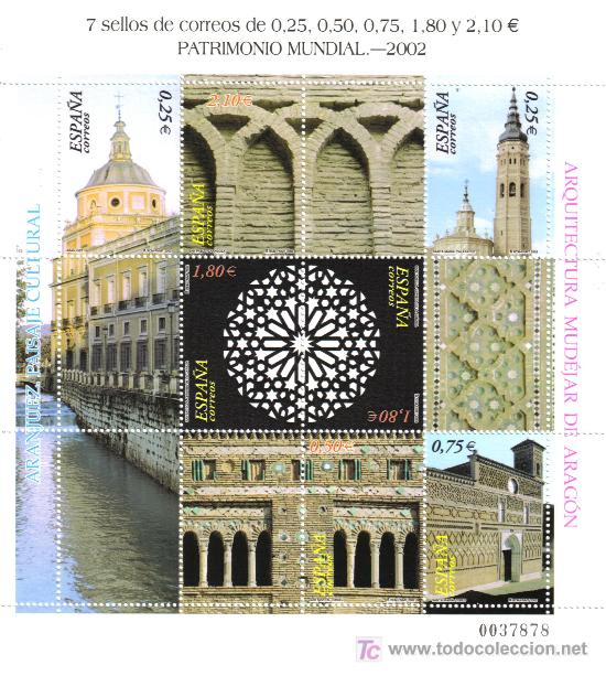 Selos: HB 2002 PATRIMONIO MUNDIAL DE LA HUMANIDAD   ARANJUEZ MUDEJAR DE ARAGON PALACIO REAL ARQUITECTURA VI