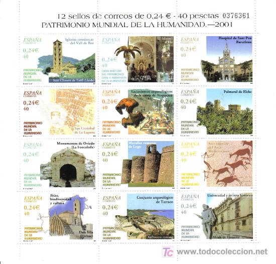 Stamps: HB 2001 PATRIMONIO MUNDIAL DE LA HUMANIDAD  SAN CLEMENTE DE TAHUL LLEIDA EL MISTERIO DE ELCHE ALICAN