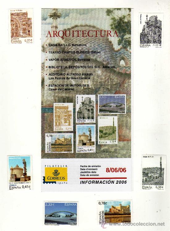 Sellos: SERIE COMPLETA Y D&Iacute;PTICO DE CORREOS DEDICADO ARQUITECTURA, emisi&oacute;n :8/06/06 - Edifil:4243/48 -