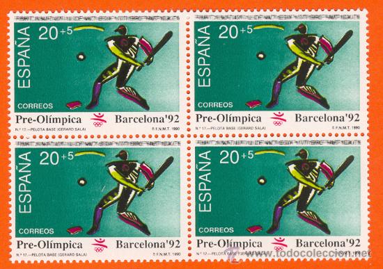 Sellos: Barcelona 92. VI Serie Pre-Olimpica. Pelota Base. Bloque 4 sellos 20 + 5 p - Foto 1 - 17390855