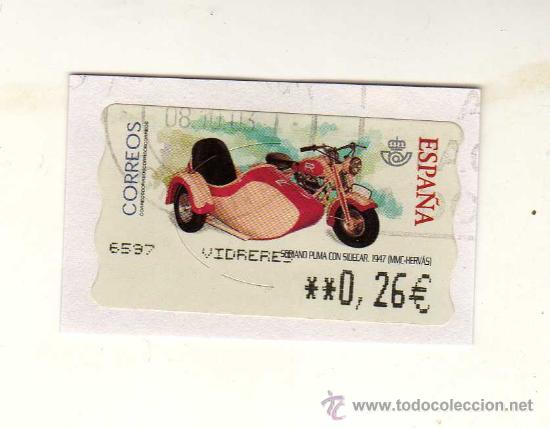 Briefmarken: SELLO USADO DE VALOR VARIABLE DEDICADO A LA MOTO SORIANO PUMA CON SIDECAR (A&ntilde;o 1947) &middot; MMC-HERV&Aacute;S