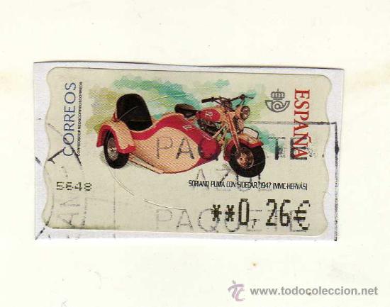 Briefmarken: SELLO USADO DE VALOR VARIABLE DEDICADO A LA MOTO SORIANO PUMA CON SIDECAR (A&ntilde;o 1947) &middot; MMC-HERV&Aacute;S