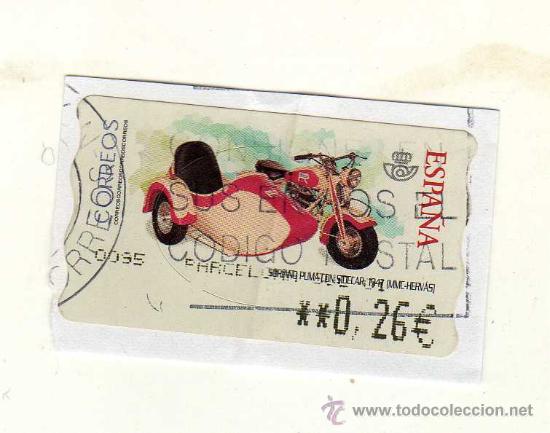Briefmarken: SELLO USADO DE VALOR VARIABLE DEDICADO A LA MOTO SORIANO PUMA CON SIDECAR (A&ntilde;o 1947) &middot; MMC-HERV&Aacute;S