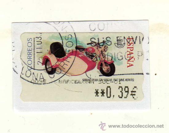 Briefmarken: SELLO USADO DE VALOR VARIABLE DEDICADO A LA MOTO SORIANO PUMA CON SIDECAR (A&ntilde;o 1947) &middot; MMC-HERV&Aacute;S