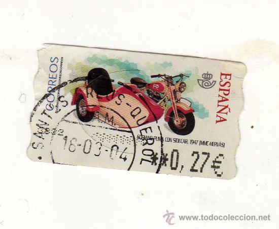 Briefmarken: SELLO USADO DE VALOR VARIABLE DEDICADO A LA MOTO SORIANO PUMA CON SIDECAR (A&ntilde;o 1947) &middot; MMC-HERV&Aacute;S