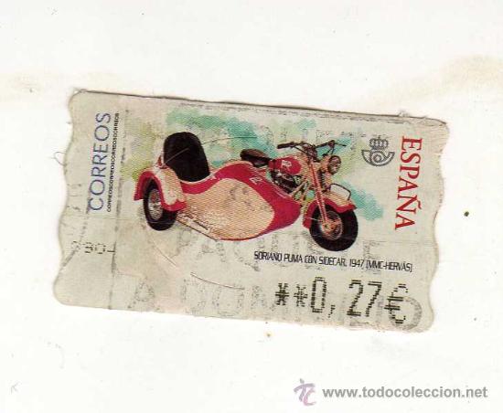 Briefmarken: SELLO USADO DE VALOR VARIABLE DEDICADO A LA MOTO SORIANO PUMA CON SIDECAR (A&ntilde;o 1947) &middot; MMC-HERV&Aacute;S