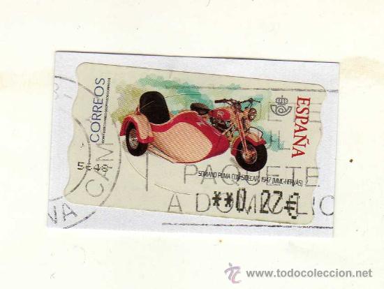 Briefmarken: SELLO USADO DE VALOR VARIABLE DEDICADO A LA MOTO SORIANO PUMA CON SIDECAR (A&ntilde;o 1947) &middot; MMC-HERV&Aacute;S