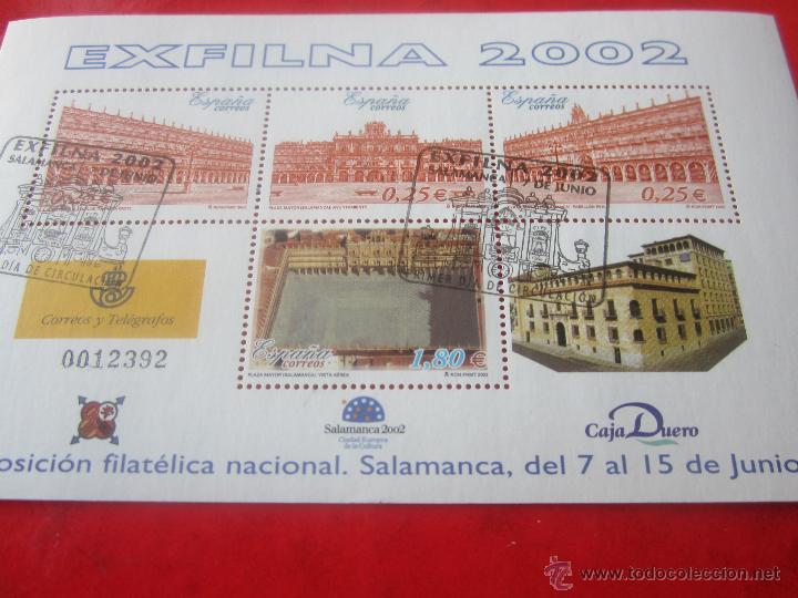 Stamps: Hojita bloque de la Exfilna 2002. Plaza Mayor de Salamanca. primer dia circulacion