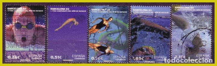 Briefmarken: 2003 X Campeonatos del Mundo de Nataci&oacute;n, EDIFIL n&ordm; 3989, 3990, SH3991A, B y C (o)