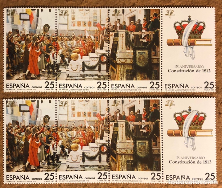 Sellos: 2 L&Aacute;MINAS SELLOS 175 ANIVERSARIO CONSTITUCI&Oacute;N DE 1812. 4 SELLOS CADA L&Aacute;MINA. (1987)