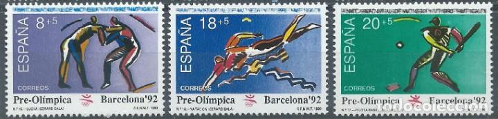 Sellos: 1990. EDIFIL 3076/8**MNH. V SERIE PRE&Oacute;L&Iacute;MPICA BARCELONA'92. LUCHA/NATACI&Oacute;N/BEISBOL. DEPORTES.