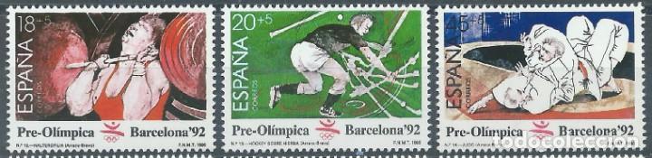 Sellos: 1990. EDIFIL 3054/6**MNH. IV SERIE PRE&Oacute;L&Iacute;MPICA BARCELONA'92. HALTEROFILIA/HOCKEY/JUDO. DEPORTES.
