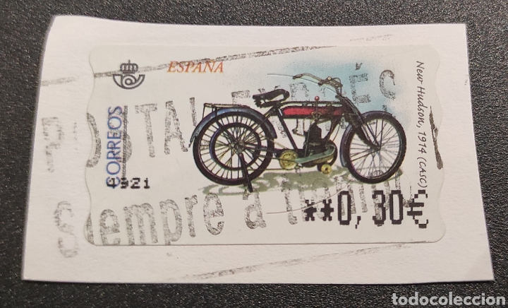 Stamps: Sello etiqueta ATM usada motocicleta New Hudson 1914 (CASC)