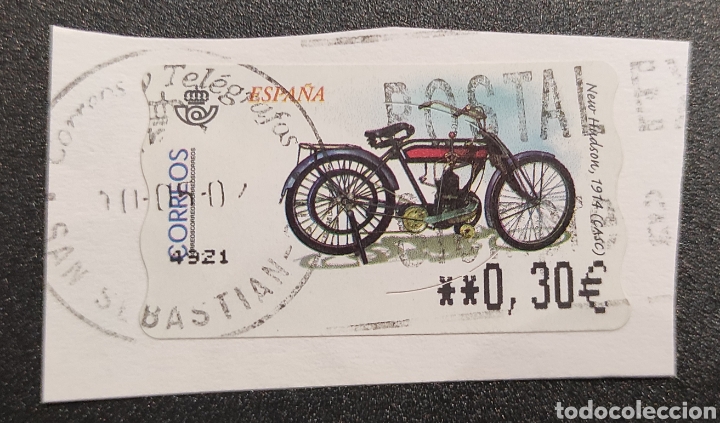 Stamps: Sello etiqueta ATM usada motocicleta New Hudson 1914 (CASC)