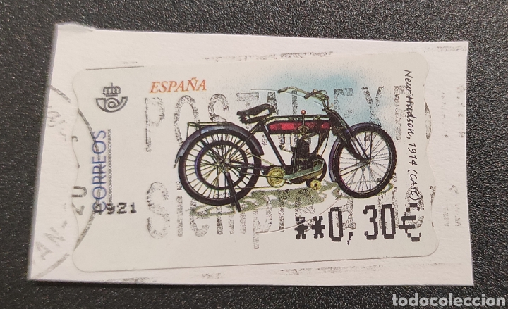 Stamps: Sello etiqueta ATM usada motocicleta New Hudson 1914 (CASC)