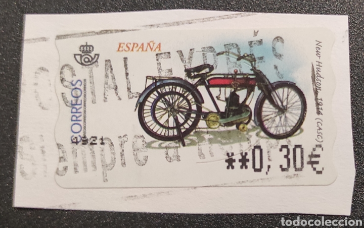 Stamps: Sello etiqueta ATM usada motocicleta New Hudson 1914 (CASC)